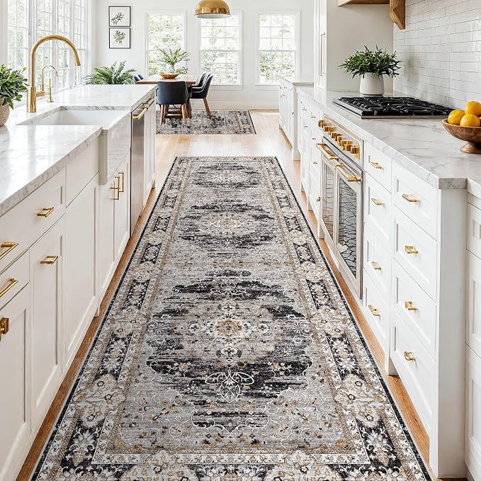 4x10 Runner Rug for Hallway Washable: Non Slip Kitchen Rugs with Rubber Backing Soft Waterproof Wide Mats Stain Resistant Low Pile Carpet for Entryway Bedroom Bathroom Laundry Home Decor Black/Gray