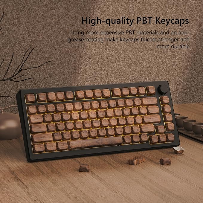 Womier PBT Keycaps - MOA Keycaps for Mechanical Keyboard 60 65 75 Percent, Wood Dye-Sublimation Japanese Custom Keyboard Key Cap Set for Cherry MX, Walnut