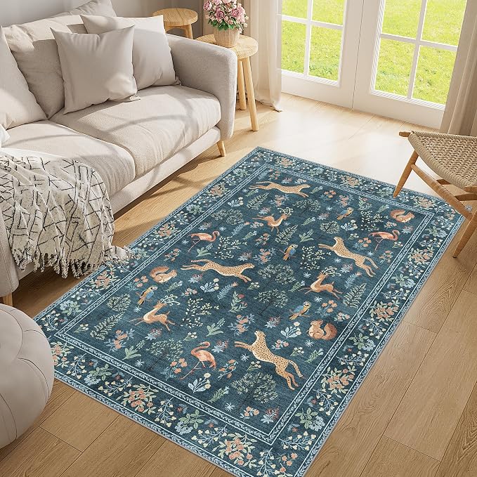 DUKINO 3x5 Rug, Washable Animal Area Rug with Non Slip Vintage Design, Indoor Soft Low Pile Carpet for Bedroom, Nursery, Dining Room, Farmhouse, Playroom, Blue