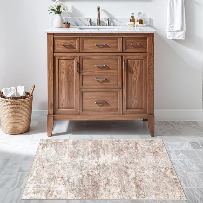 2x3 Rug Ultra Soft Abstract Rug - Area Rug Stain Resistant for Living Room Non Slip Indoor Entryway Rubber Backing Carpet Bedroom Kitchen Distressed Floor Decor Mat 2X3Brick/Brown/Beige