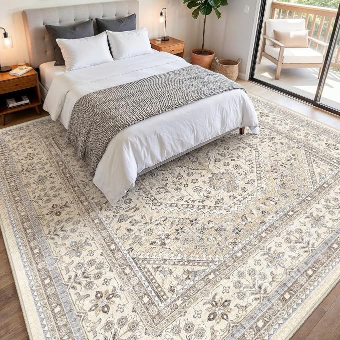 Puino 12x12 Square Area Rug - Washable Oriental Large Rugs for Living Room Soft Non-Slip Backing Indoor Carpet for Bedroom Low Pile Stain Resistant Floor Mat for Dinning Room Home Decor Beige/Gray