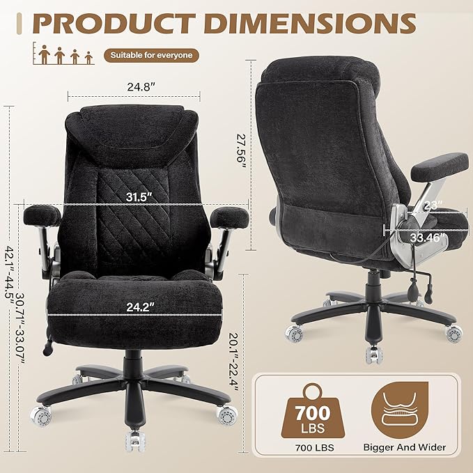 Fabric 700lbs Big and Tall Office Chair, Ergonomic Heavy Duty Executive Cloth Office Chair with 5D Flip Arms & Adjustable Lumbar Support & Dual Rubber Wheel, Large Thick Padded Extra Wide Seat, Black