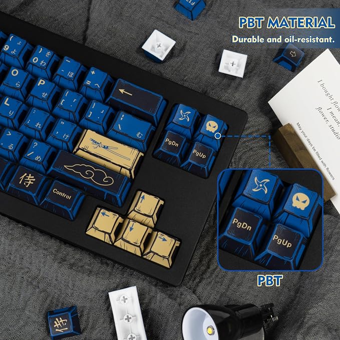 Blue Samurai Manga Japanese Themed Keycaps 130 Keys, Cherry Profile PBT Custom Key Caps Set, Dye Sublimation Keyboard Keycaps for Cherry Gateron MX Switches Mechanical Keyboard