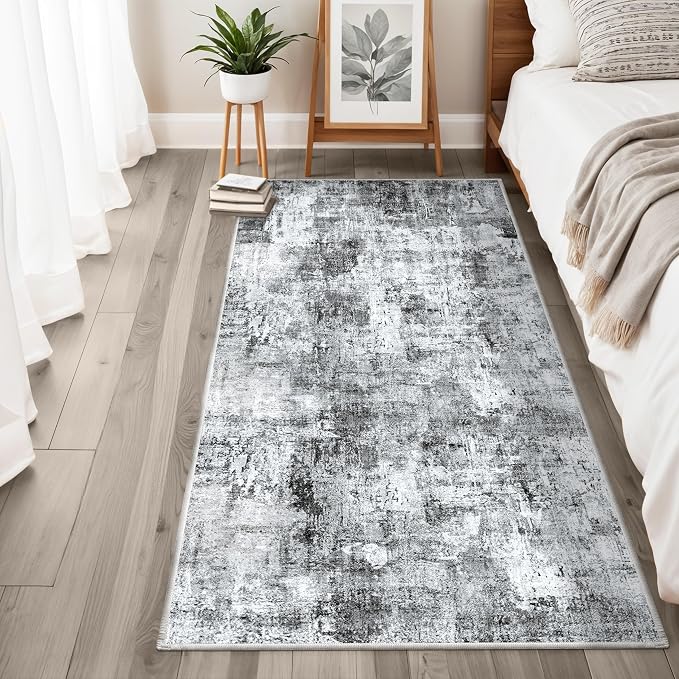 3x6 Washable Wide Runner Rug – Non-Slip Floor Carpet Runner for Kitchen Entryway Hallway Bathroom, Modern Abstract Low Pile Thin Area Rug (Grey)