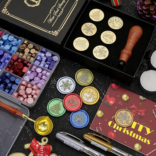 SWANGSA Christmas Wax Seal Stamp Kit with 450pcs Sealing Wax Beads, 2 Pens and Spoon for Christmas, Wedding, Invitations, Cards, Gift, Envelopes