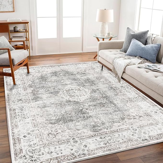 Area Rug 5'x7' Washable Rug Vintage Traditional Floor Cover Thin Retro Kitchen Indoor Distressed Non Slip Carpet for Living Room Bedroom Dining Room