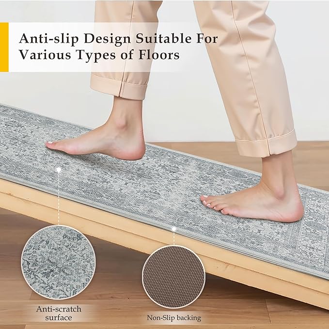 PureCozy Kitchen Mats 2PCS Anti Fatigue Cushioned Mat Blue Vintage Kitchen Mats for Floor Waterproof Non Slip Comfort Standing Distressed Rug for Sink Laundry Office 17.3"x47"+17.3"x30"