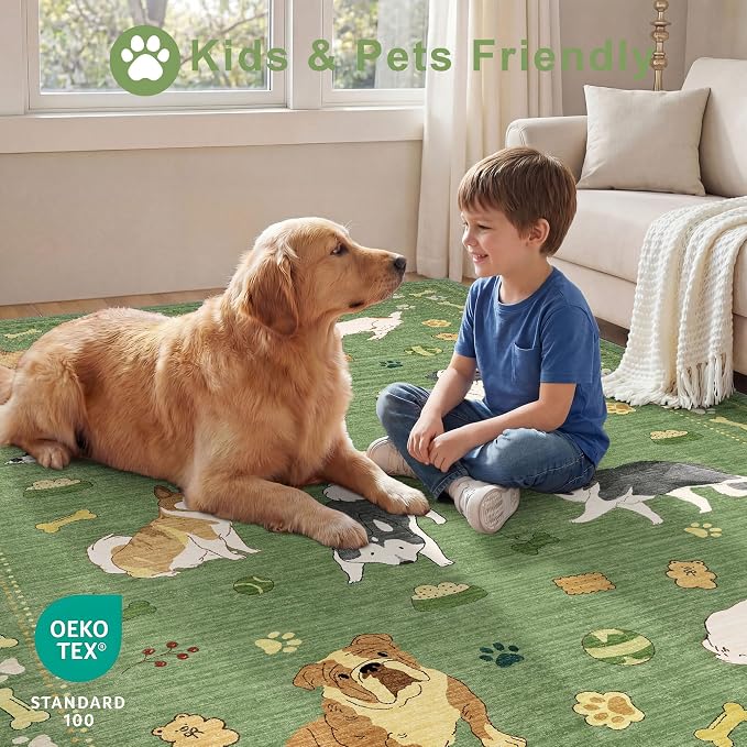 DUKINO 5x7 Rug for Living Room, Lightweight Animal Dog Print Washable Area Rug, Soft Non Slip & Low Pile Floor Mat, Stain Resistant Large Carpet for Bedroom, Nursery, Dining Room, Kids Playroom, Green