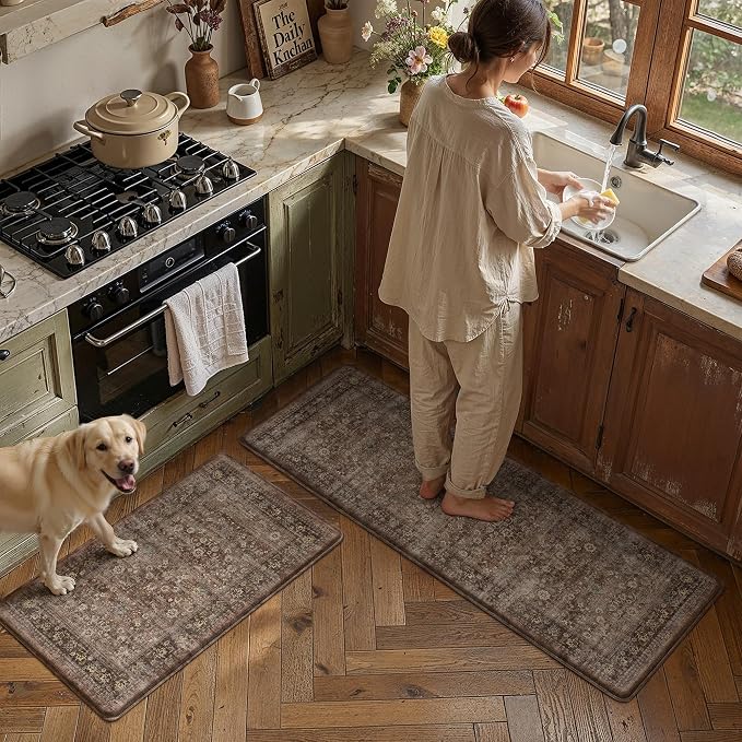 2-Piece Brick Red Vintage Kitchen Mat Set | Wider, Washable, Anti Fatigue, Non Slip, Soft, Vintage, Floral, Distressed, Farmhouse, for Sink Entryway Bathroom Laundry