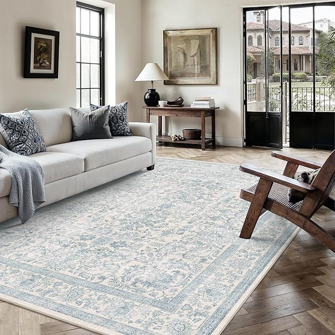 6x9 Blue Washable Area Rugs for Living Room Non Slip Low Pile Vintage Boho Throw Rug Soft Retro Distressed Floral Large Carpet Indoor Farmhouse Decor for Bedroom Dining Room Office Kitchen Playroom