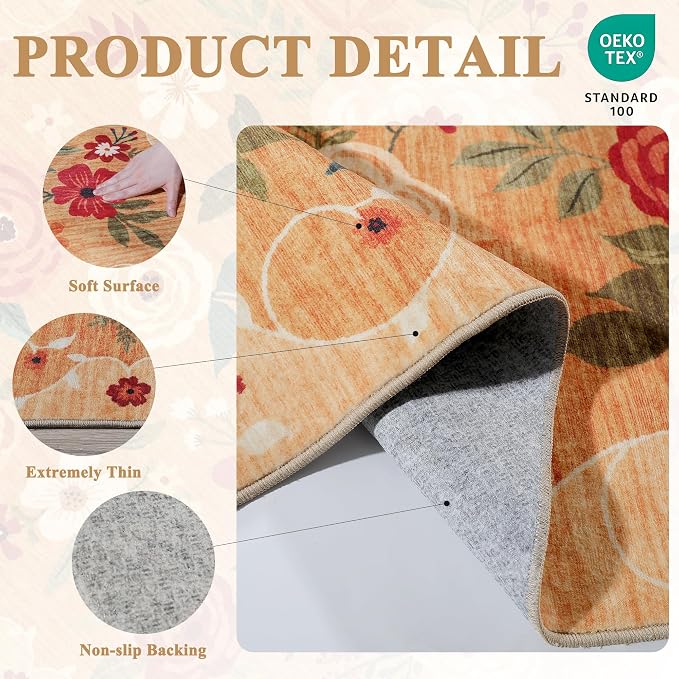 DUKINO 2x8 Runner Rug for Hallway, Washable Kitchen Runner Rug with Rubber Backing Non Slip, Low Pile Soft Boho Floral Thin Carpet for Entryway, Hallway, Bathroom, Laundry Room, Orange