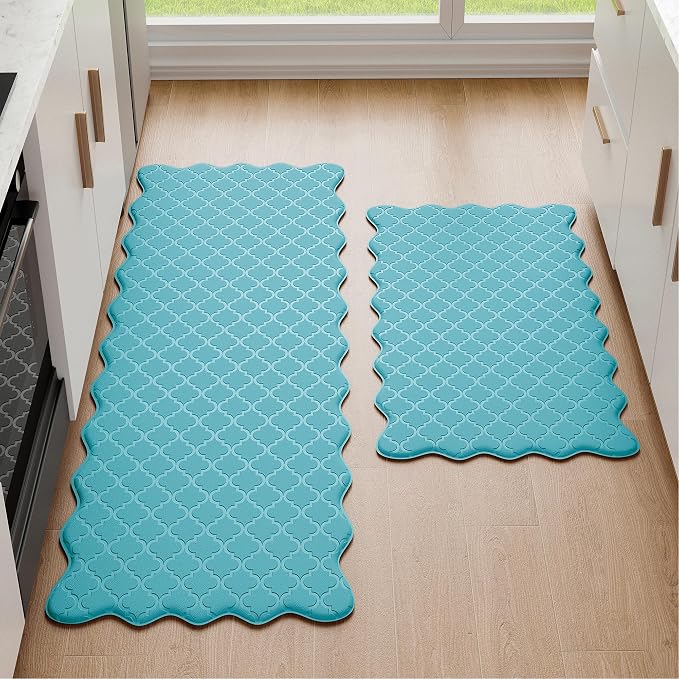 Arenarug Upgrade Scalloped Embossed Kitchen Mats for Floor 2PCS Cushioned Anti Fatigue Waterproof Foam Kitchen Rugs Non Slip Washable Comfort Standing Mat for Sink Laundry, 17.3"x30"+17.3"x47", Blue
