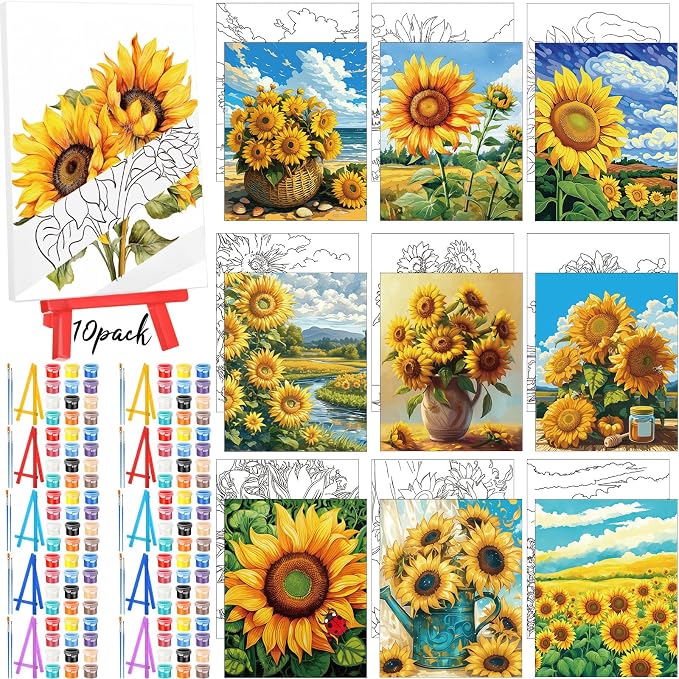 Blosssound 10 Set Pre Printed Canvas Pre Drawn Canvas Painting with Easel Kits 5" x 7" Outline Painting Panels for Beginners, DIY Craft Project, Home Decors(Sunflower)