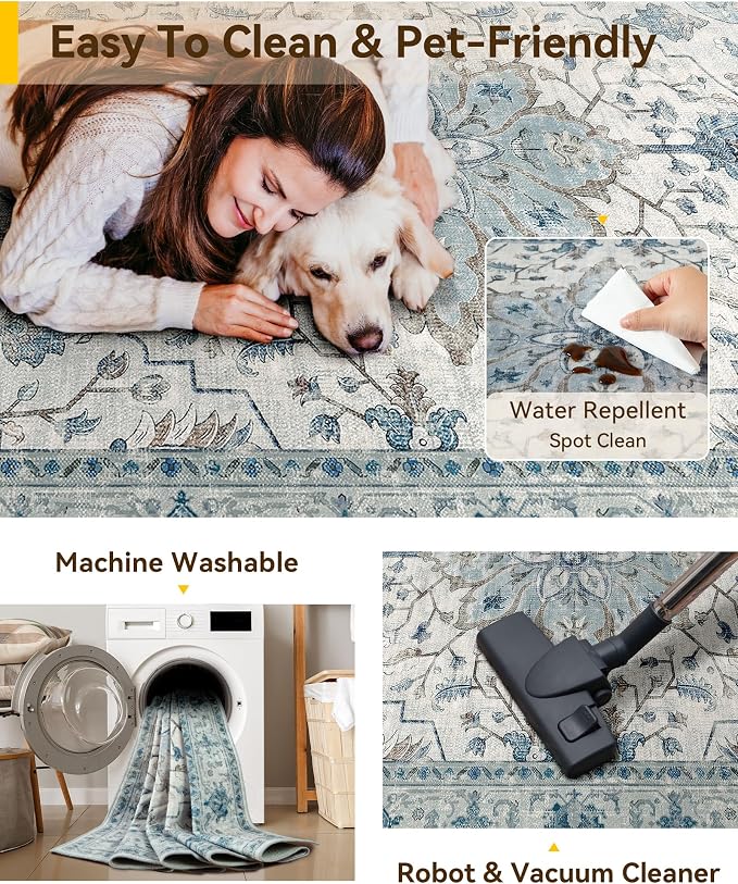 RELEANY Area Rugs Small 2'6"x4' Washable Non-Slip, Floral Vintage Distress Medallion Carpet for Kitchen Entryway Bathroom, Light Blue Navy Gray White