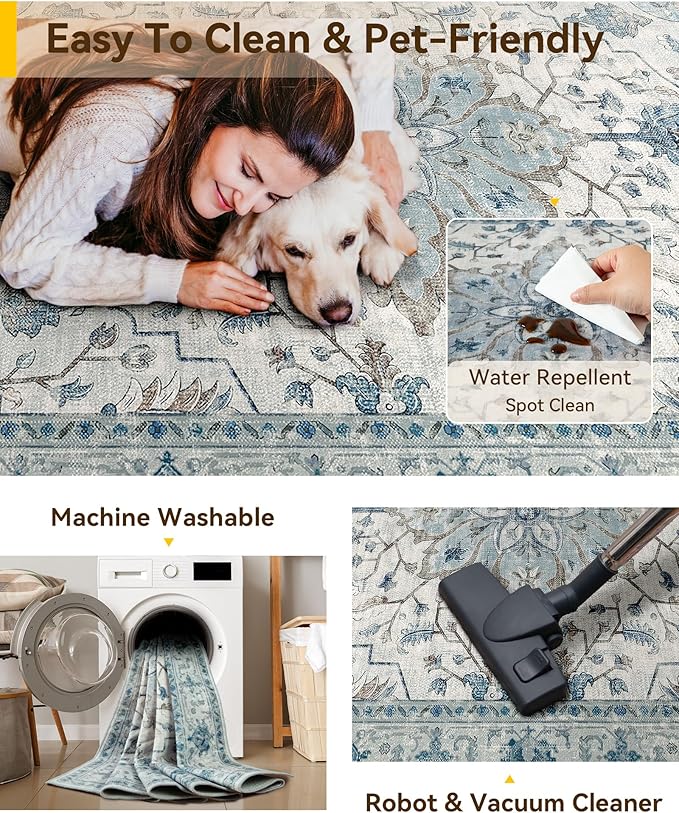 RELEANY Area Rugs 6'x8' Washable Non-Slip, Floral Vintage Distress Medallion Carpet for Living Room Bedroom Dining Room, Light Blue Navy Gray White