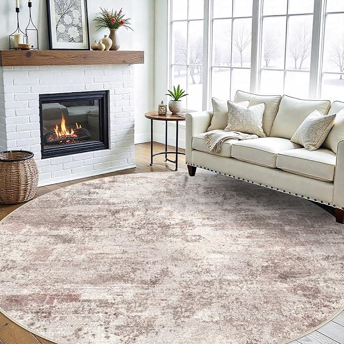 Washable Abstract 9ft Round Rugs - Large Rugs for Living Room Non Slip Indoor Entryway Carpet Bedroom Kitchen Distressed Stain Resistant Floor Decor Mat Machine Washable 9ft Brick/Brown/Beige