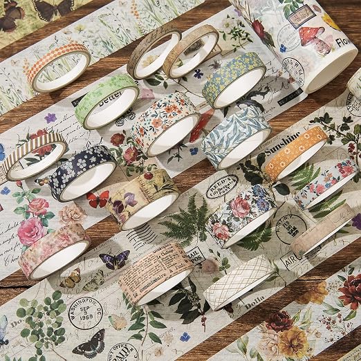 24 Rolls Vintage Washi Tape Set, Floral Letter Butterfly Mushroom Botanical Flower Writable Decorative Tapes for Scrapbooking , Junk Journal supplies, Bullet Journaling 5-75mm Wide 9.84ft long/Roll