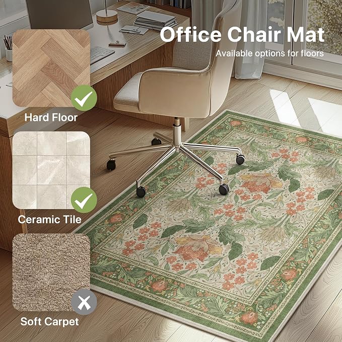 36"x60" Office Chair Mat for Hardwood Tile Floor, Under Desk Carpet Protector for Rolling Computer Chair Mat, Machine Washable Area Rug, Anti-Slip 1/5" Thick Low Pile Thin Floor Mat, Sage Green