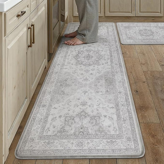 PureCozy Kitchen Mats 2PCS Anti Fatigue Cushioned Mat Gray Vintage Kitchen Mats for Floor Waterproof Non Slip Comfort Standing Oriental Medallion Grey Rug for Sink Laundry Office 17.3"x59"+17.3"x30"