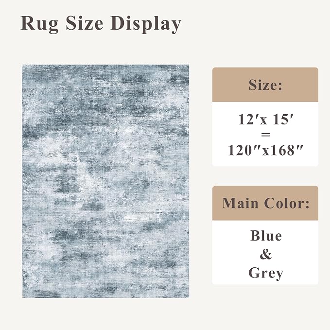 12x15 Area Rug for Living Room – Large Modern Neutral Abstract Thin Washable Carpet, Soft Low Pile Non-Slip Stain-Resistant for Bedroom Dining Room Home Office (Misty Blue Gray)
