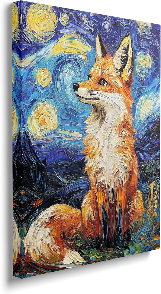 Fox Starry Night Canvas Wall Art Animal Pictures for Kitchen Living Room Bedroom Bathroom Office,Foxes Abstract Print Fox Painting Home Modern Art Work Framed Wall Art Decor 16" x 12"