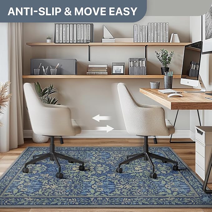 48"x72" Office Chair Mat for Hardwood Tile Floor, Under Desk Carpet Protector for Rolling Computer Chair Mat, Machine Washable Area Rug, Anti-Slip 1/5" Thick Low Pile Thin Vinyl Floor Mat, Dark Blue