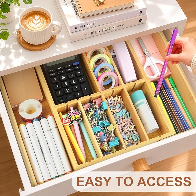 TREWAVE Bamboo Desk Drawer Organizer, Expandable Drawer Organizer Tray | 12.6" - 15.6" Wide, with Adjustable Dividers, Wooden Storage Organizers for Office Supplies, Crafts, Makeup & Kitchen Cutlery
