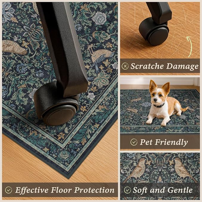 Traditional Blue Washable 4x5 Blue Office Chair Mat for Hardwood Floors, Anti-Slip Floor Protector for Computer Chair with Bird Pattern, Low Pile Carpet for Rolling Chair, Botanical Stain Resistant
