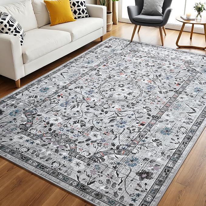 Vasofe 4x6 Area Rug for Bedroom, Washable Rugs for Living Room, Laundry, Kitchen, Vintage Floral Indoor Non Slip Carpet Farmhouse Grey Throw Carpets Soft Low Pile Mat for Dorm Bedside Office