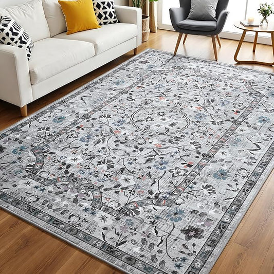 Vasofe 4x6 Area Rug for Bedroom, Washable Rugs for Living Room, Laundry, Kitchen, Vintage Floral Indoor Non Slip Carpet Farmhouse Grey Throw Carpets Soft Low Pile Mat for Dorm Bedside Office