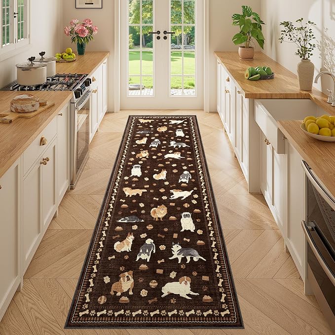 DUKINO 2x6 Washable Runner Rug for Hallway, Non Slip Animal Dog Kitchen Rug with Low Pile Design, Ultra Soft & Stain Resistant Indoor Carpert Runner for Entryway, Bedroom, Laundry, Bathroom, Brown
