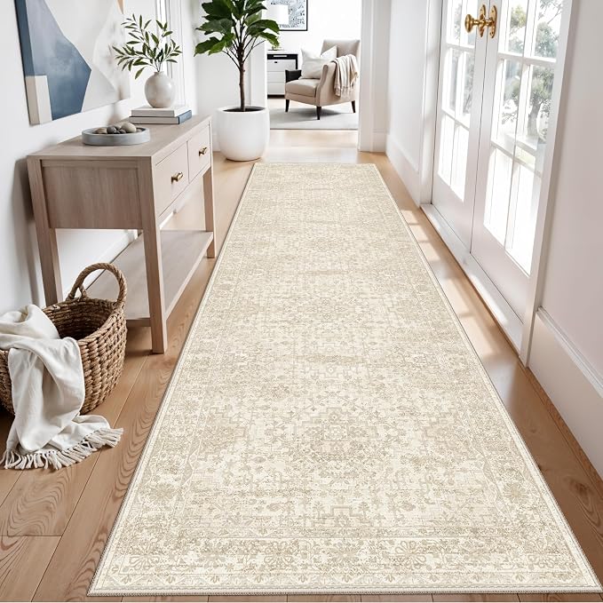 3x10 Ft Hallway Runner Rug – Non-Slip Washable Long Carpet Runner for Kitchen Indoor Entryway & Bathroom, Vintage Distressed Low Pile Thin Floor Mat (Ivory Beige)