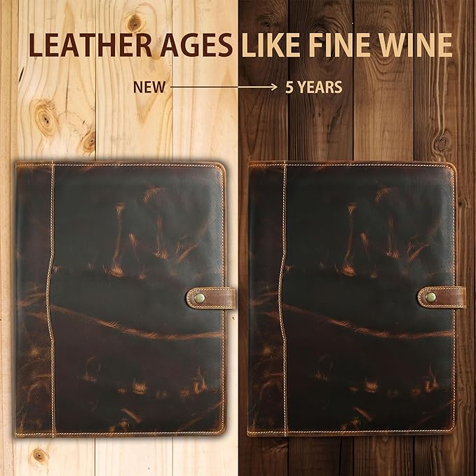 Leather Portfolio, Leather Binder with Pen, Resume Organizer & Padfolio for Men and Women | Business Portfolio with Card Holder & Document Organizer (Antique Brown)