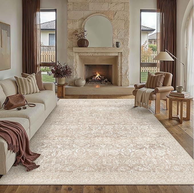 PureCozy Area Rug 9x12 Beige Machine Washable Non-Slip Vintage Low Plie Thin Living Room Bedroom Dining Room Distressed Carpet Indoor Large Home Office Retro Rug