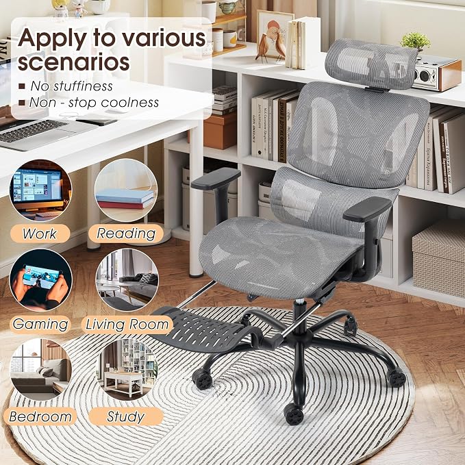 Grey Ergonomic High Back Mesh Office Chair with Footrest | Adjustable Lumbar Support, 3D Armrests, Headrest, 135° Reclining, Swivel, Home Office