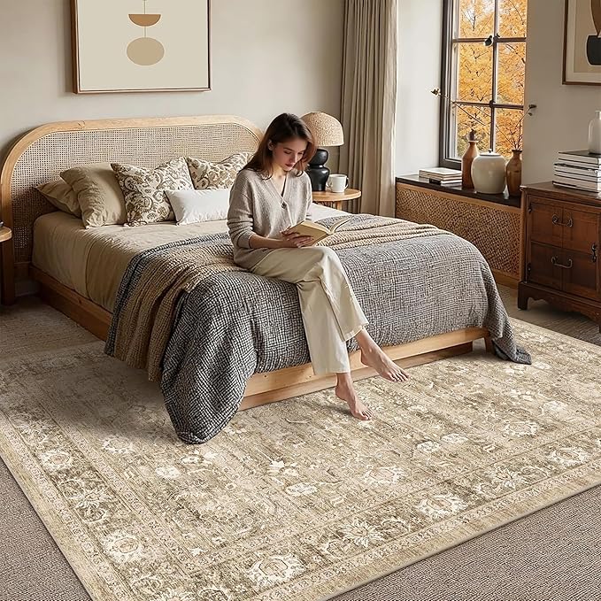 5x7 Beige Washable Area Rugs for Living Room Non Slip Low Pile Vintage Boho Throw Rug Khaki Soft Retro Distressed Floral Carpet Indoor for Bedroom Dining Room Office Kitchen Playroom