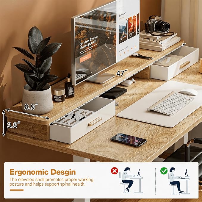 Grandder Electric Standing Desk with Two Drawers, Sit to Stand Up Height Adjustable Desk with Storage Shelf for Home Office, 47 * 24 Inch, Study, Ergonomic Adjustable Computer Desk, Oak