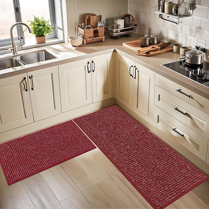 BEQHAUSE Kitchen Rugs 32"x48", Non-Slip Kitchen Mats for Floor, Super Absorbent and Stain Resistant Kitchen Rugs, Machine Washable Rugs for Kitchen, Hallway, Laundry & Sink, Red