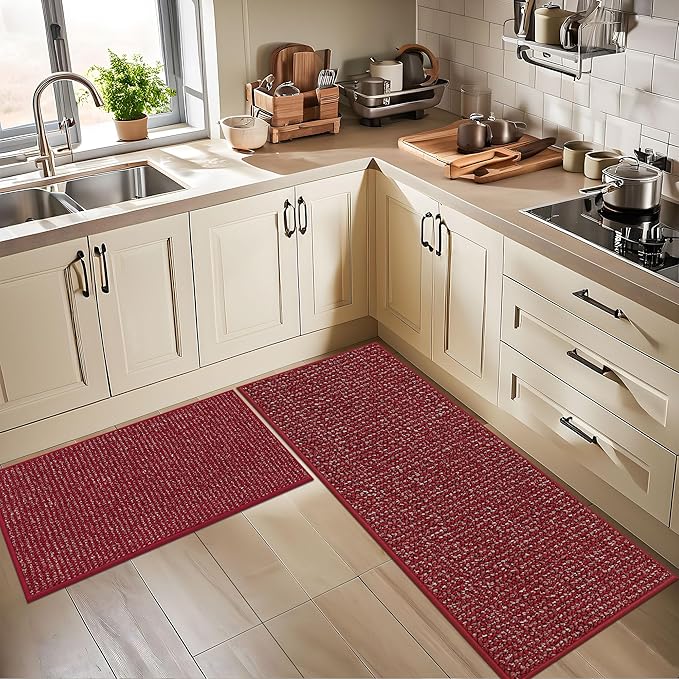 BEQHAUSE Kitchen Rugs 20"x32", Non-Slip Kitchen Mats for Floor, Super Absorbent and Stain Resistant Kitchen Rugs, Machine Washable Rugs for Kitchen, Hallway, Laundry & Sink, Red