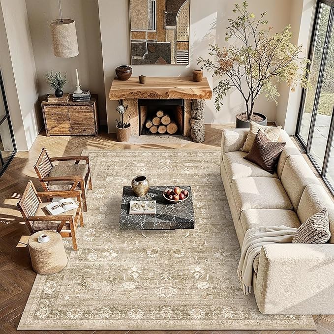 9x12 Beige Washable Area Rugs for Living Room Non Slip Low Pile Vintage Boho Throw Rug Khaki Soft Retro Distressed Floral Large Carpet Indoor for Bedroom Dining Room Office Kitchen Playroom