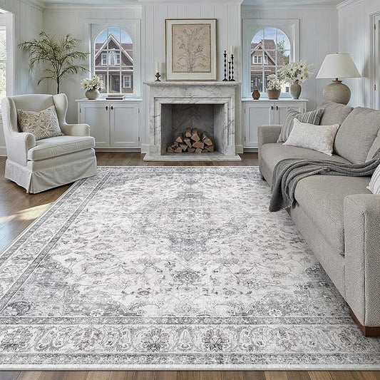 HUGEAR Area Rug 6x9 Vintage Grey Machine Washable Living Room Rugs Thin Neutral Floral Vacuumable Low Pile Carpet Bedroom Office Dining Room Laundry Room Non Slip Soft Lightweight