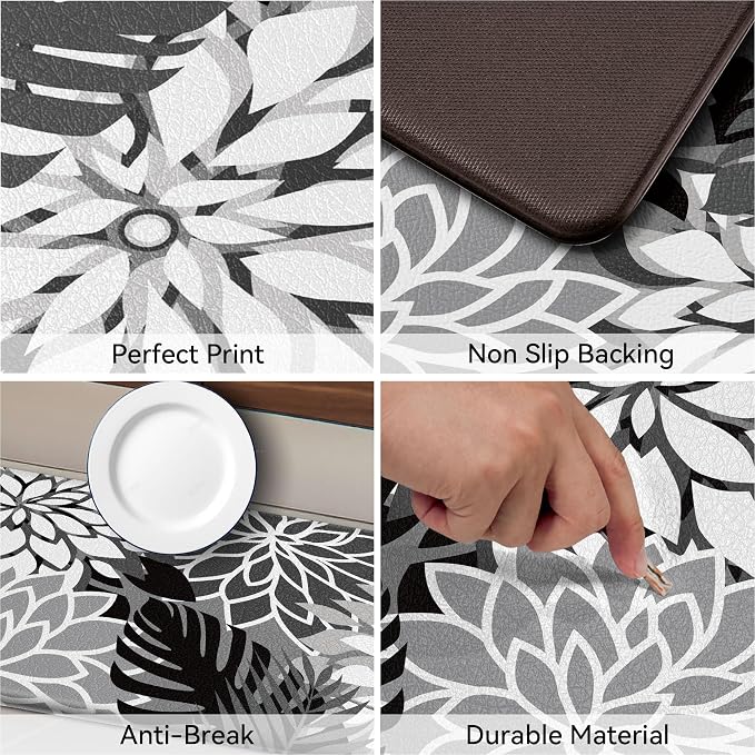 Arenarug Kitchen Mats for Floor 2 Piece Cushioned Anti Fatigue Kitchen Mats Waterproof Non Slip Kitchen Mat Rug Set Comfort Foam Standing Mat for Sink, Laundry, Office, Black White
