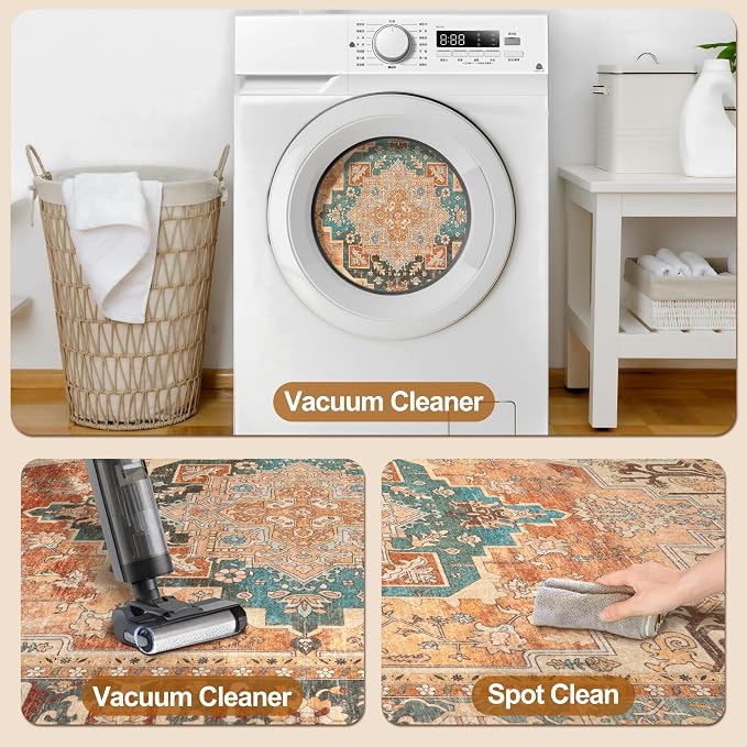 Tangsoo Oriental 3x5 Area Rug, Washable Vintage Rugs Indoor Non Slip Accent Rugs, Print Distressed Carpet, Boho Soft Low Pile Rug for Living Room Dorm Bedroom Bedside Entryway Bathroom Orange