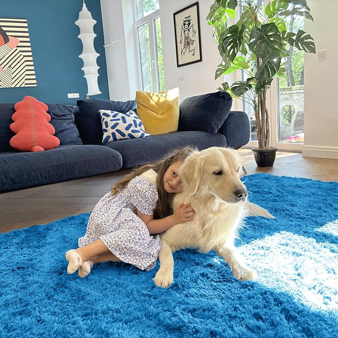 OLANLY 5x8 Machine Washable Large Area Rugs for Living Room, Bedroom, Soft Fluffy Shaggy Bedside Rug, Indoor Floor Carpet for Kids Girls and Boys, Dorms, Nursery, Home Decor Aesthetic, Bright Blue