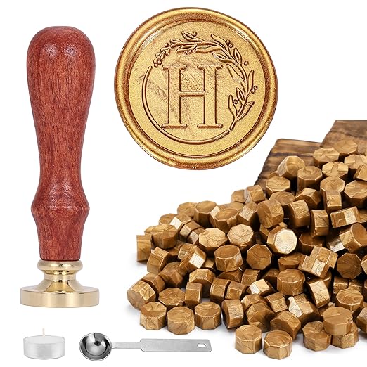 Yoption Letter Wax Seal Kit, Vintage Initial Alphabet H With Wreath Stamp and 120 Antique Gold Seal Beads