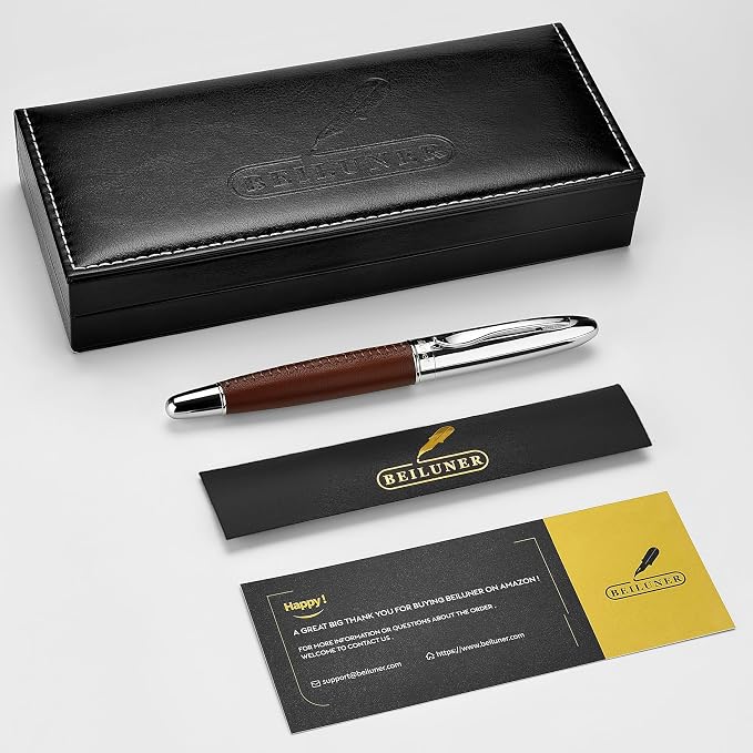 BEILUNER 318 Luxury Leather Pen, Hand-Stitched Premium Leather, Chrome-Plated Finish, Smooth Black Ink Refill, Fancy Rollerball Pen Gift Set for Men & Women, Executive Writing, Nice Designer pen