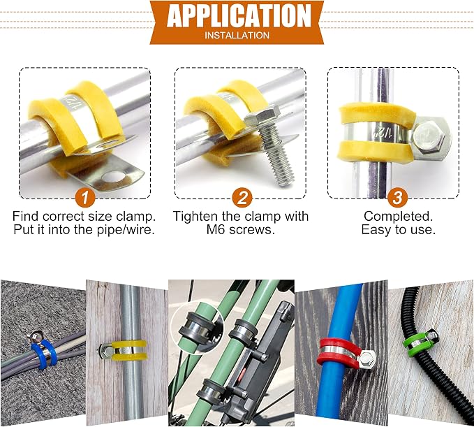ISPINNER 52pcs Cable Clamps Assortment Kit, 304 Stainless Steel Rubber Cushion Pipe Clamps in 6 Sizes 1/4" 5/16" 3/8" 1/2" 5/8" 3/4" (Yellow)