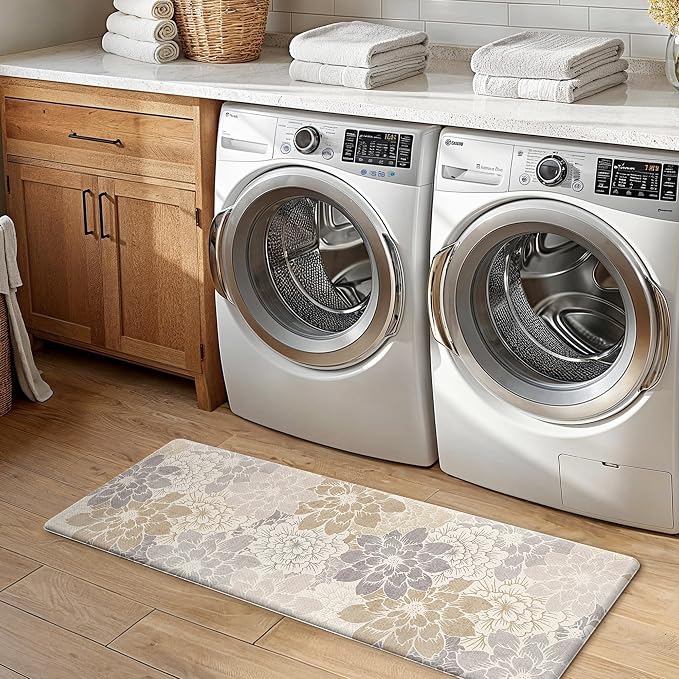 GENIMO Anti Fatigue Kitchen Mats for Floor 2PCS, Cushioned Standing Mats | 17.3"x47"&17.3"x30", Milky White vintage floral rug set, waterproof, non slip, easy-clean for farmhouse