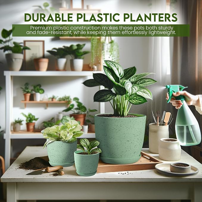 Utopia Home - Spotty Plant Pots Indoor with Drainage - 7/6.6/6/5.3/4.8 Inches Flower Pots - 5 Pack Plastic Planters - Ideal for Stocking Stuffers - (Speckled Mint, Pack of 5)