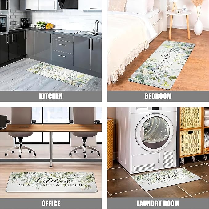 weesire Green Kitchen Rug Anti Fatigue Mats for Kitchen Floor Kitchen Rugs Sage Green Floral Herb Memory Foam Kitchen Mat Cushioned PVC Leather Kitchen Rug Set, 17.3x28+17.3x47 inchs